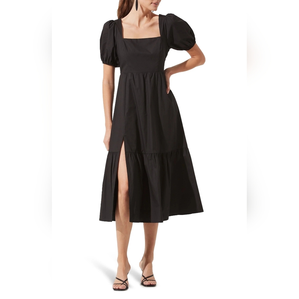 ASTR The Label Poplin Puff Sleeve Tiered Midi Dress With Side Slit Size M